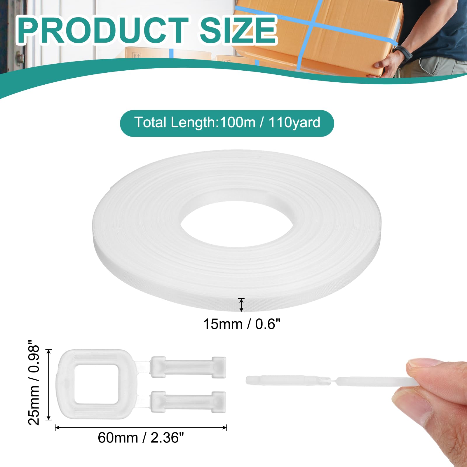 PATIKIL Kit De Banda De Embalaje Plástico De 110 Yardas, 2 Rollos De Banda De Embalaje Con 100 Hebillas Transparentes Herramienta Universal Para Cajas De Cartón Artículos De Madera, Blanco