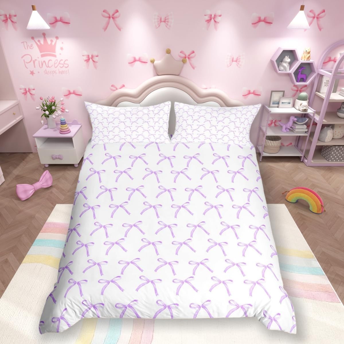 Cartoon Bowknot Kids Duvet Cover Set Super King Size,Bow Tie Knot Fashion Princess Bedding Set,Girls Women Room Decor,Cute Sketch Geometric Purple Romantic Quilt Cover,2 Pillowcases(No Comforter) — image 1