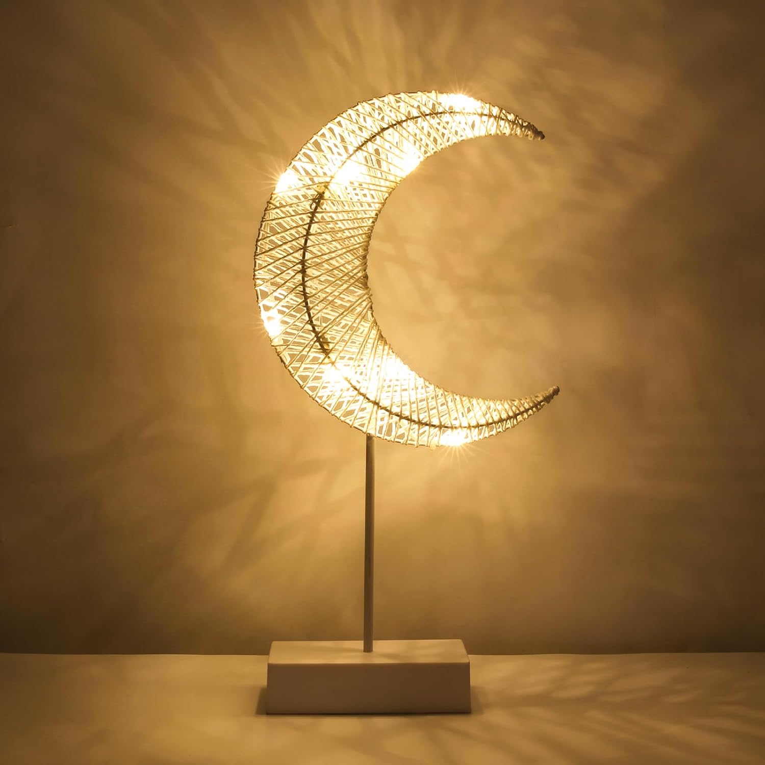 Lewondr Decorative Table Lamp, Battery Powered Christmas Ramadan Moon Lamp Winding Cotton Thread