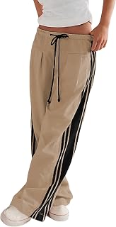Women's Wide Leg Pants Drawstring High Rise Side Striped Slouchy Palazzo Pants with Pockets