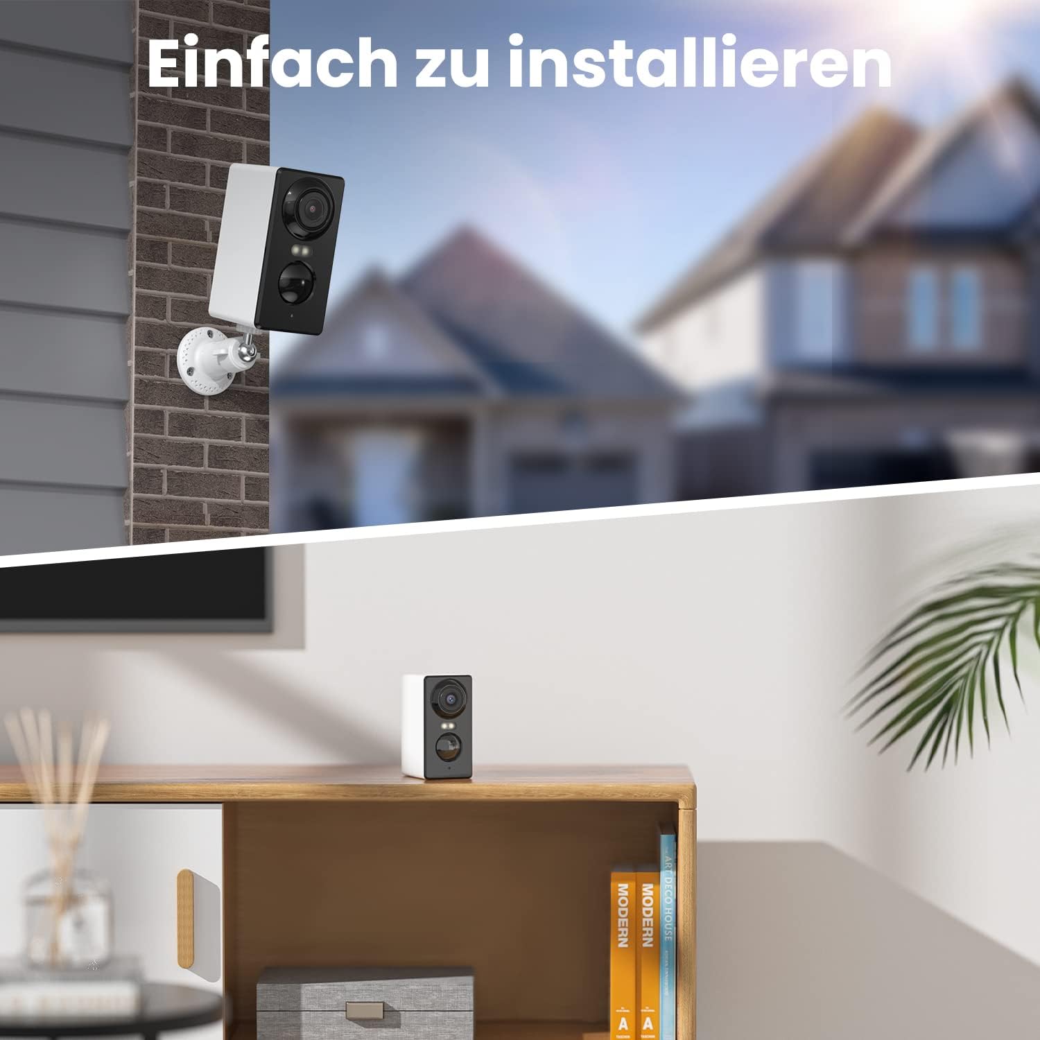 Image showing the camera mounted outdoors on a brick wall and placed indoors on a cabinet, demonstrating versatile installation options.
