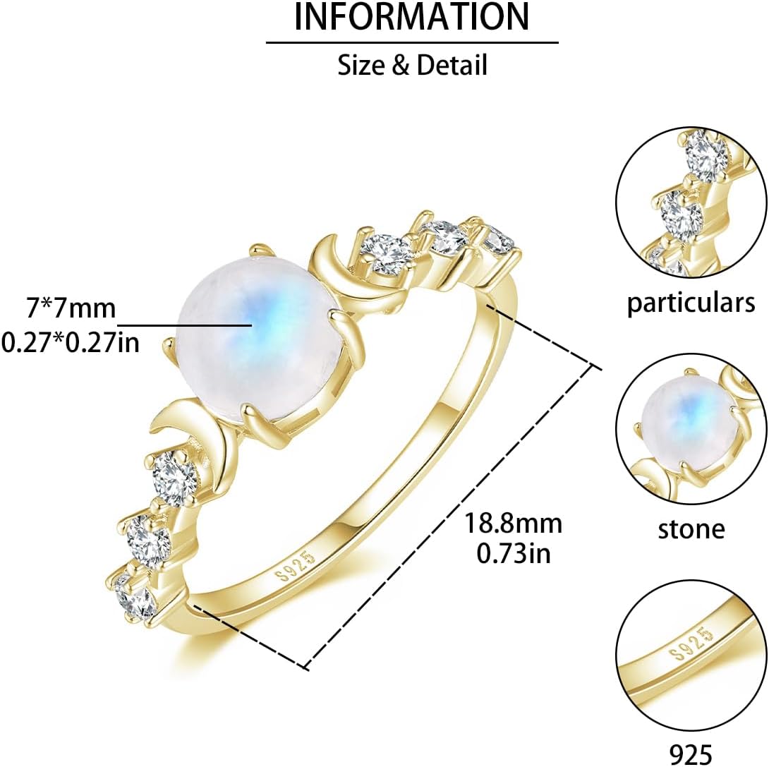 Natural Moonstone Ring for Women, 925 Sterling Silver Triple Moon Goddess Engagement Promise Ring Anniversary, Birthday, Christmas, Valentine's Day Gift for Her (Natural Moonstone-Gold, 6) - Image 6