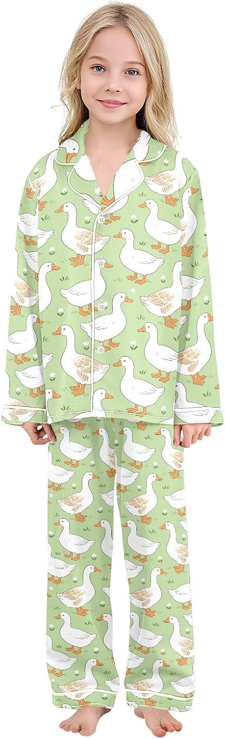Kids Casual Satin Wear Set Goose Duck Flower Pattern Unisex Relaxed Fit Clothing