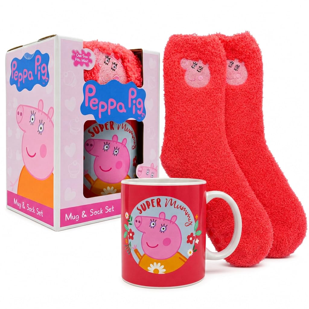 HOX Peppa Pig Super Mummy Mug & Pink Socks Gift Set | Novelty Mummy Pig Mug & Fluffy Crew Socks | Gift for Mothers Day or Christmas, 11oz