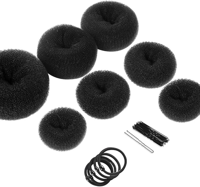 Teenitor 7 Hair Bun Makers Set, Black Buns Shaper Hair Styling Accessories Kit with 5 Bands & 20 Bun Pins, Donut Ring Style Chignon Bun Maker for Ballet Dance(2 Small 2 Medium 2 Large 1 Extra-large)