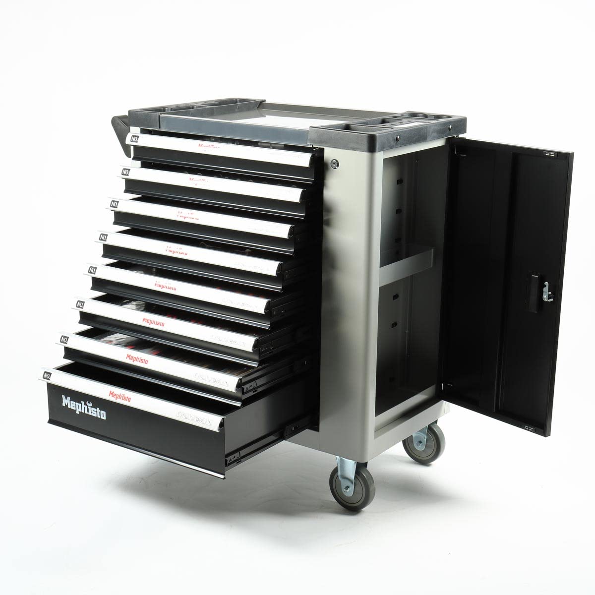 Mephisto Chariot à outils XXL avec 8 tiroirs dont 8 outils tels que clés, cliquet avec boîte en noyer, jeu de clés à anneau, etc. en Soft Inlays in Carbon Lock