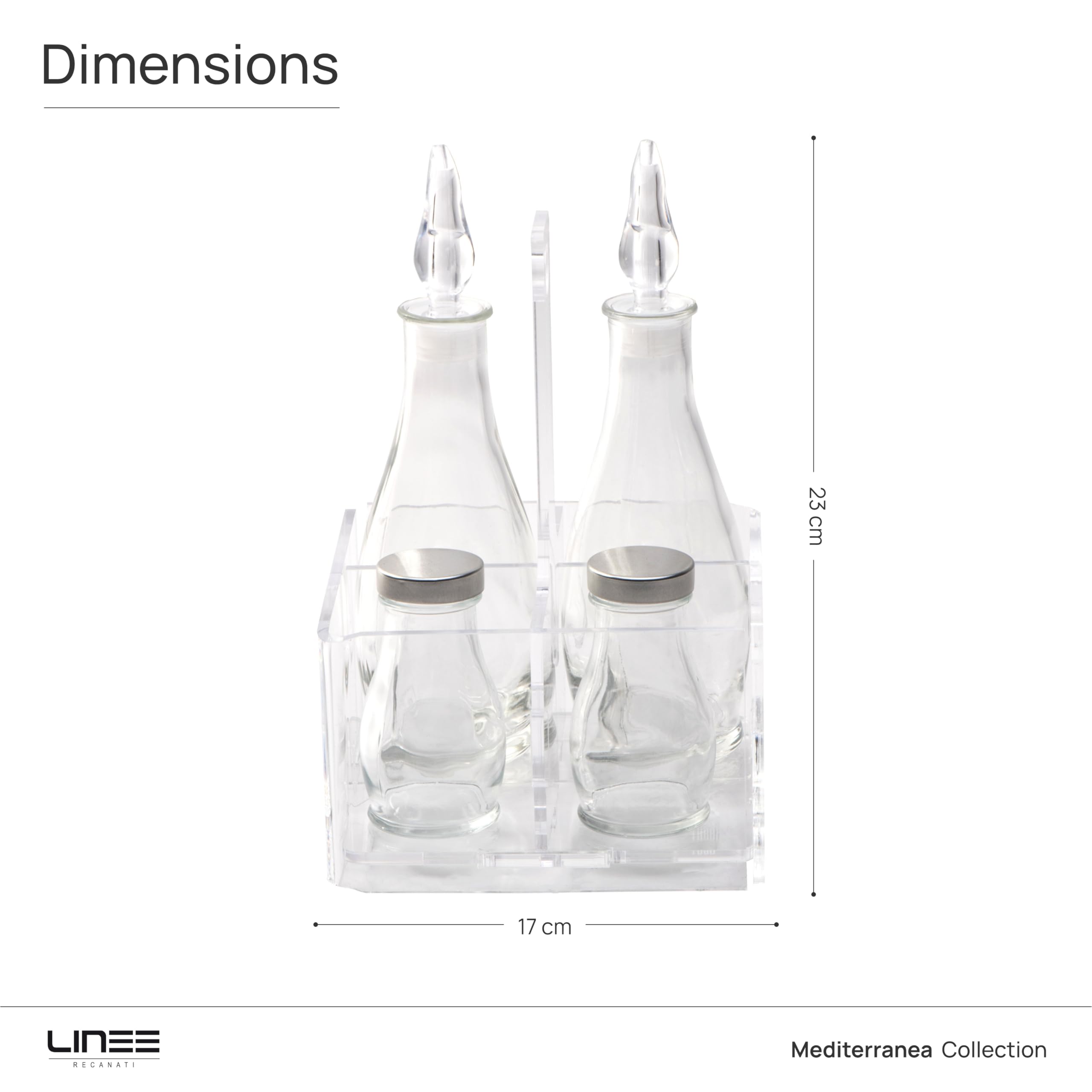 LINEE Recanati MEDITERRANEA Menage – Set Condimenti Porta Olio Aceto Sale Pepe in PMMA e Vetro 17x17x23 cm – Design Decorativo da Tavola – Made in Italy (Trasparente)