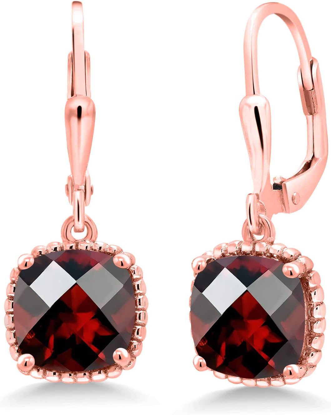 Gem Stone King 18K Rose Gold Plated Silver 8MM Cushion Gemstone Birthstone Drop Dangle Earrings | Leverback Gold Earrings For Women