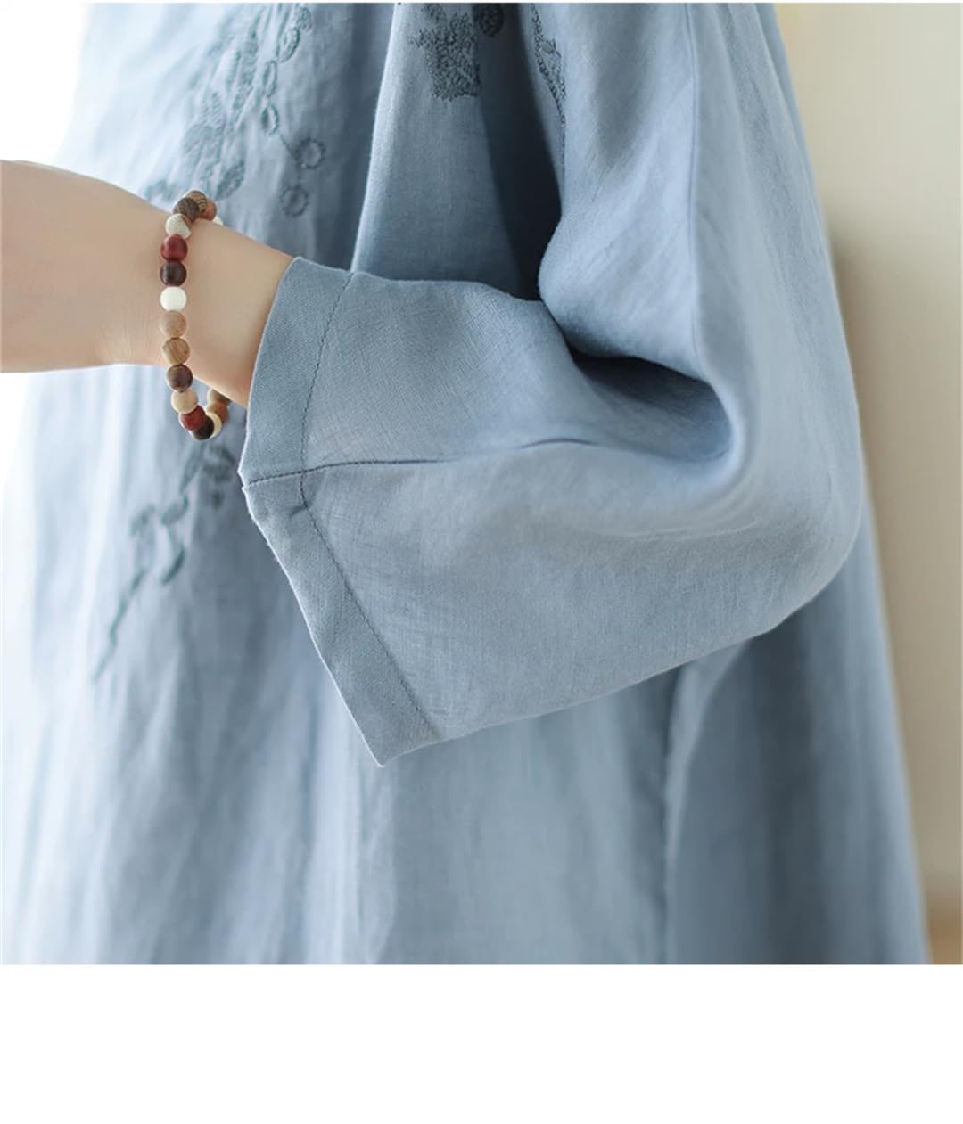 Chemise longue décontractée brodée en coton et lin pour femme