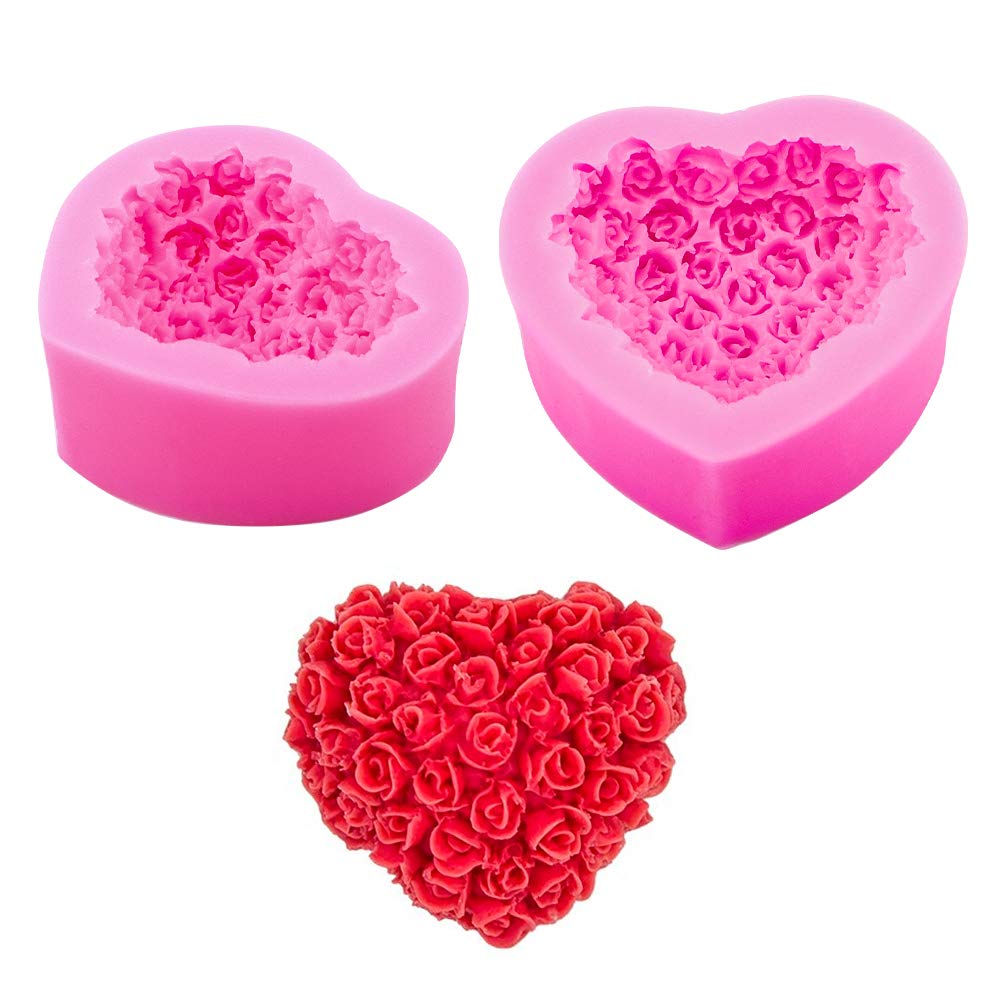 Wandic 2Pcs Silicone Mold, Set Of 2 3D Heart Shape Rose Soap Mould For Soap Candle Diy Toys Decorative Ornaments Art Craft, Round & Rectangular