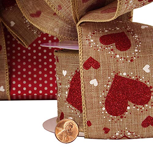 Faux Burlap Valentine Hearts Ribbon - 2 1/2" X 10 Yards, Metallic Red White Glitter Hearts On Natural Wire Edged Ribbon, Valentine’s Day Décor, Gift Wrap, Hair Bow, I Love You, Gift Bow #TOP2