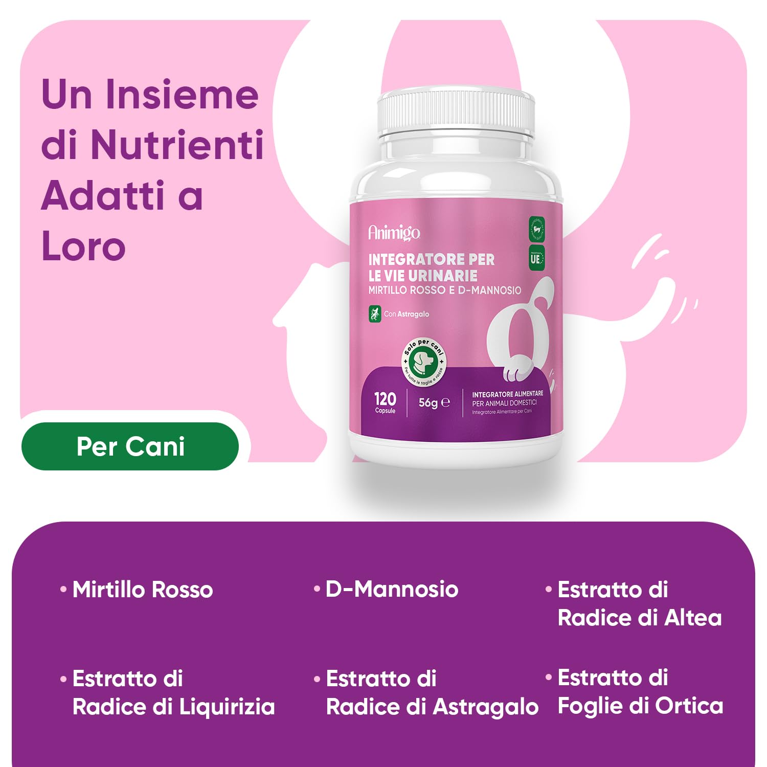Urinary Cane con D Mannosio, Astragalo, Altea, Ortica, Liquirizia, Mirtillo Rosso Vie Urinarie, Integratori per Cani Anziani e Giovani, 120 Comode Capsule Apri & Versa, per Tutte le Razze e Taglie