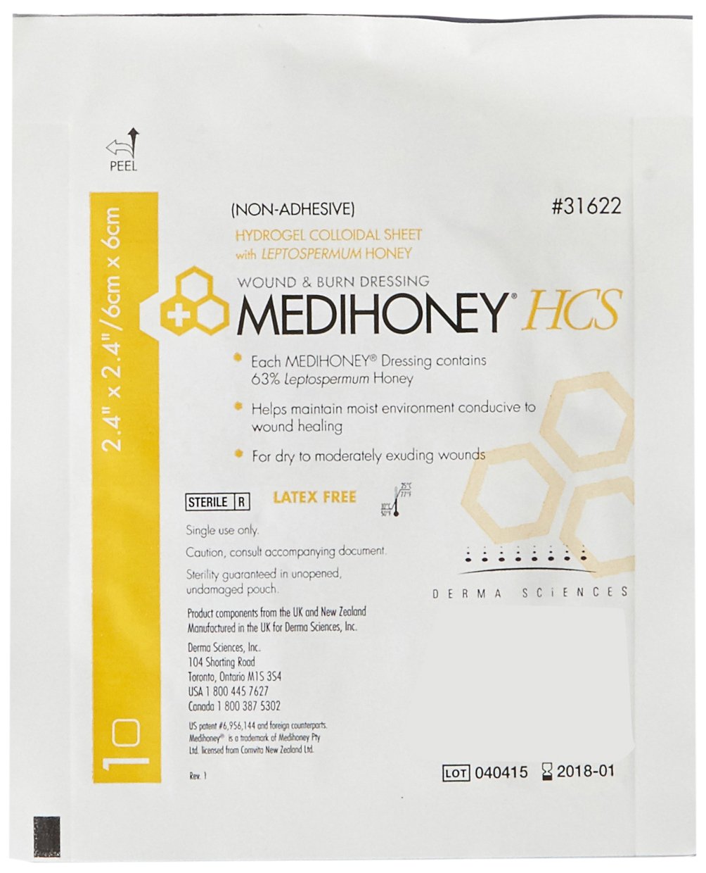 Derma Sciences 31622 Medihoney Dressing Hydrogel Colloidal Sheet, Non-Adhesive, 2.4" Width x 2.4" Length (Pack of 10)
