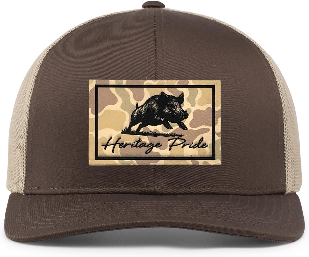 Heritage Pride Running Boar Outdoors Hunting Engraved Camo Leather Patch Mesh Back Trucker Hat