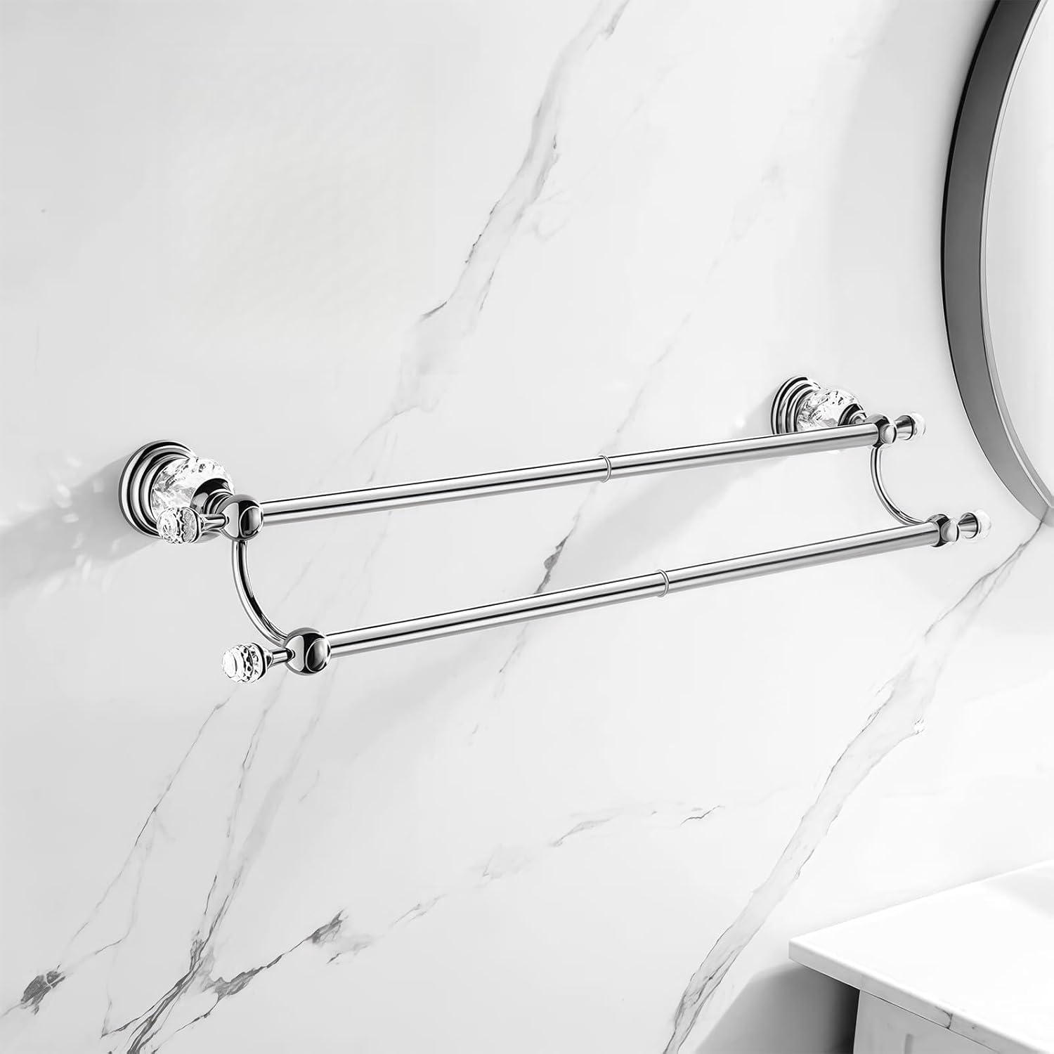 Double Chrome Crystal Towel Holder Adjustable Gold Towel Bar 14 to 25 Inch, Towel Rack Rail for Bathroom Wall Mounted