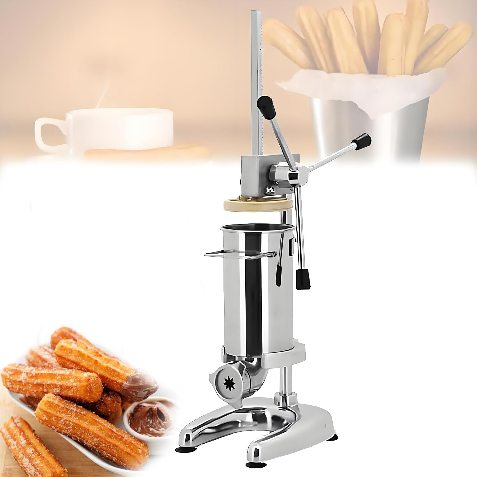 YXYLJOZ Manual Churro Maker, Commercial Spanish Donut Churrera Churro Maker Machine with 5 Molds, Stainless Steel Vertical Spanish Churrera Machine for Cafeterias, Bakeries (2l)