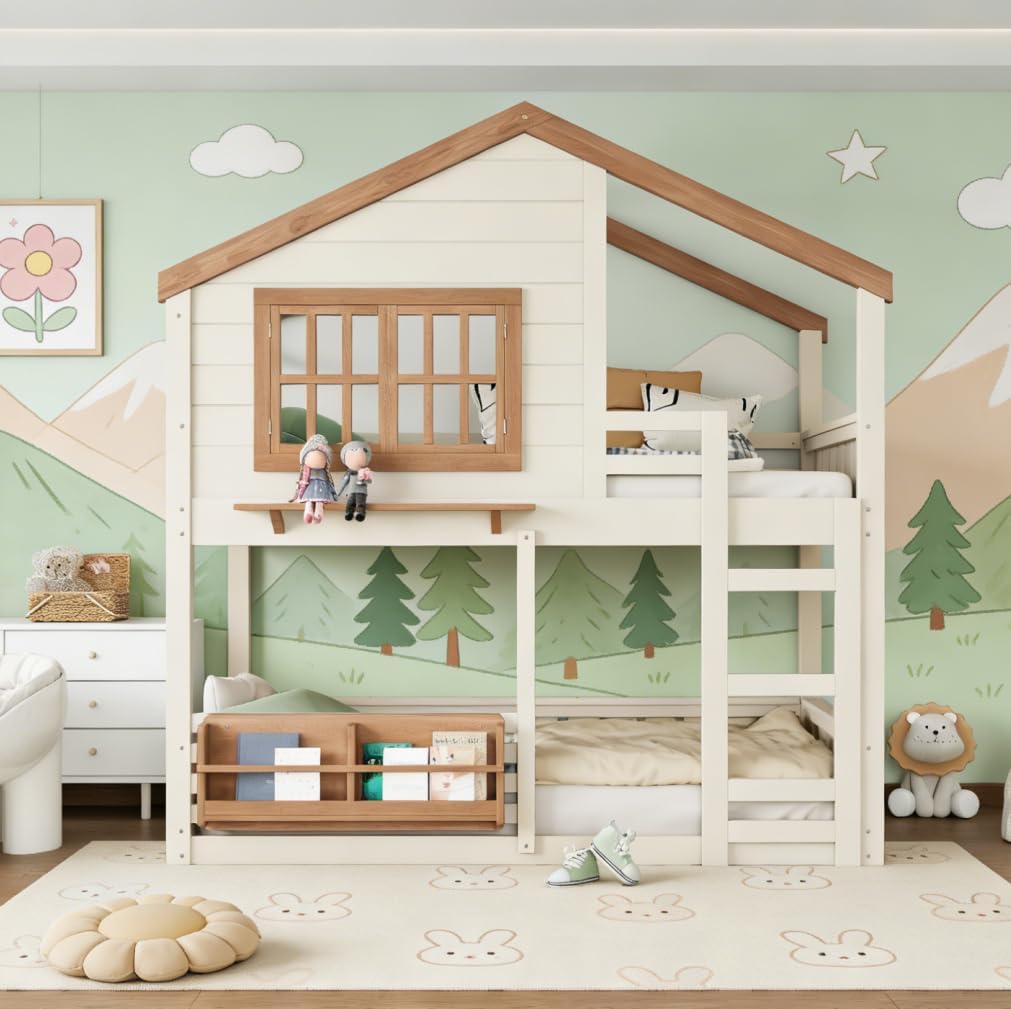 Bellemave Bunk Bed Twin Over Twin with Ladder, House Bunk Beds with Bookshelf and Window for Kids, Teens, Beige & Natural