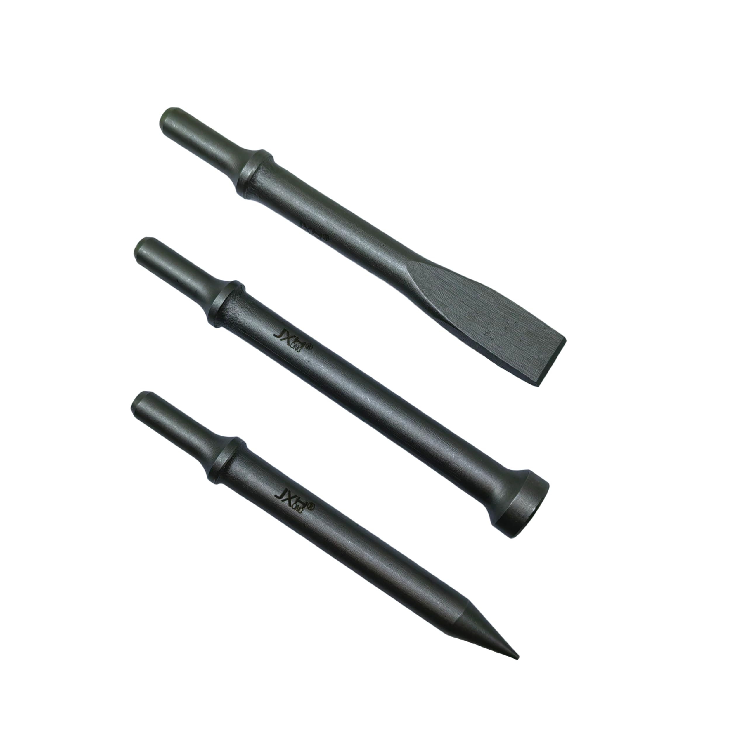 Pneumatic Air Hammer Bit Set, 3-Piece, 0.498" Shank, 1" OD Hammer, 7/8" Flat Chisel, 3/8" Point Tip, 7.1" Long, Heat-Treated Cr-Mo Alloy Steel