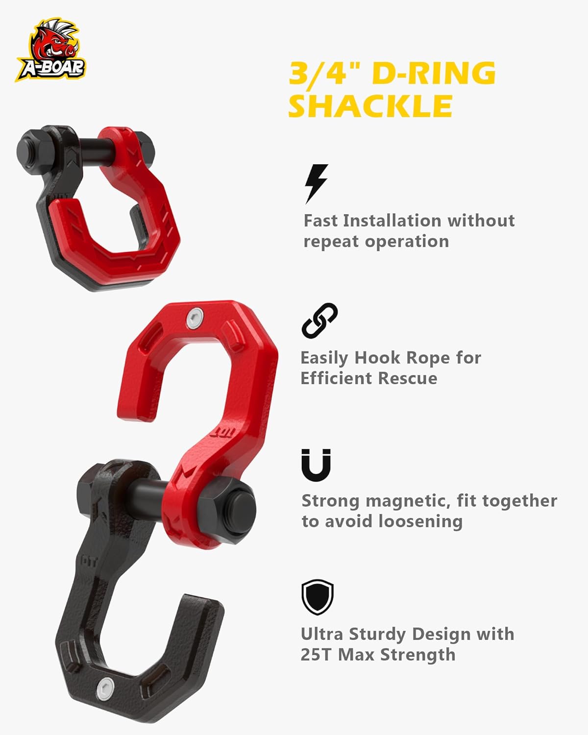 3/4" D-Ring Shackles, Heavy Duty Forged Steel Shackles with 7/8" Pin, Easy Open D-Ring Shackles Towing Winch Hooks for Recovery, Trucks, SUV, ATV, UTV, Off-Road Vehicles, Black Red - Image 2