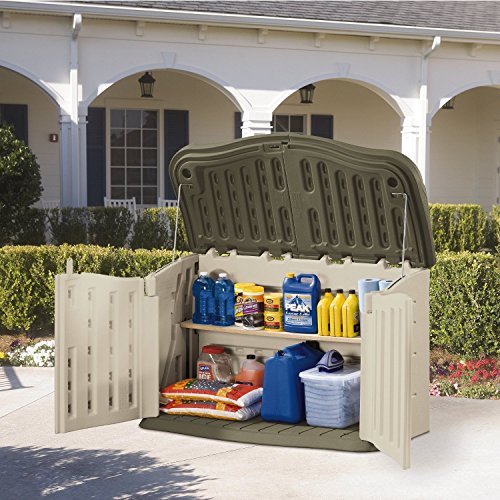 Image of Rubbermaid Split-Lid Resin Weather Resistant Outdoor Garden Storage Shed, Olive and Sandstone