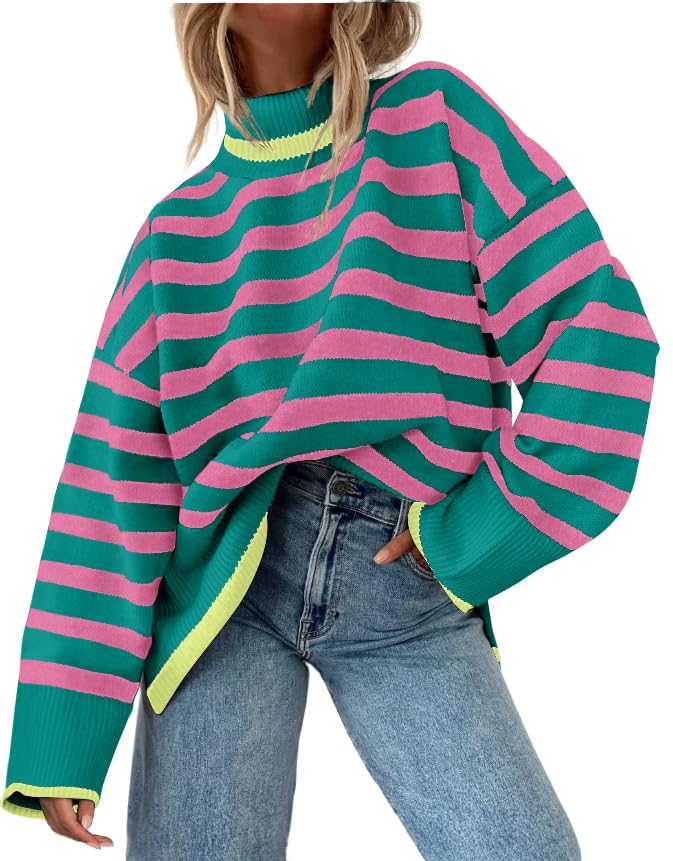 AGSEEM Fall Sweaters for Women Pullover Long Sleeve Turtleneck Striped Cable Knit Side Slit Tops Oversized Sweater Trendy