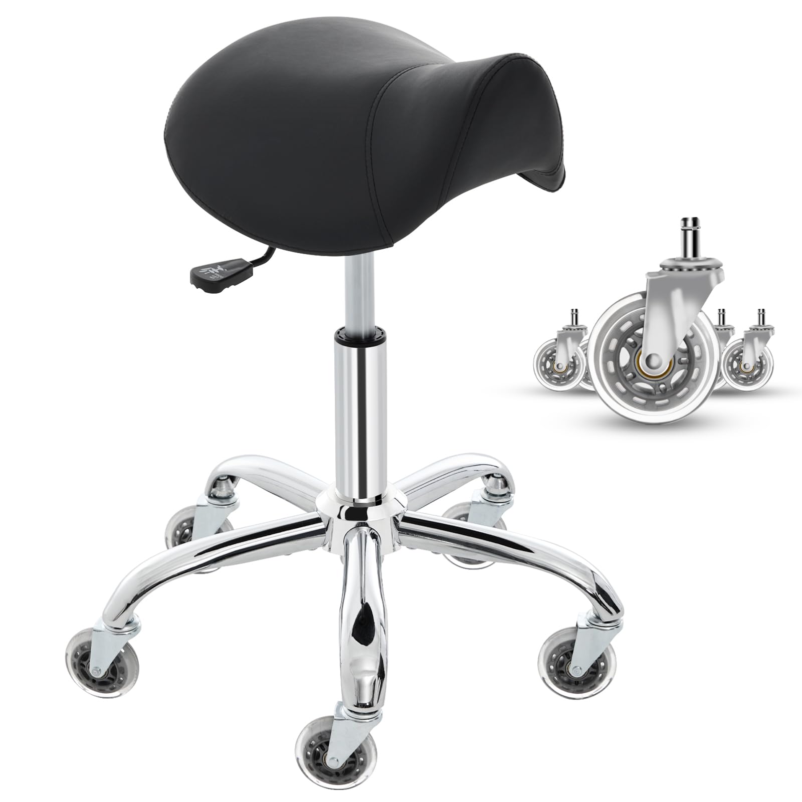Saddle Stool, Adjustable Ergonomic PU Leather Rolling Drafting Chair, Black