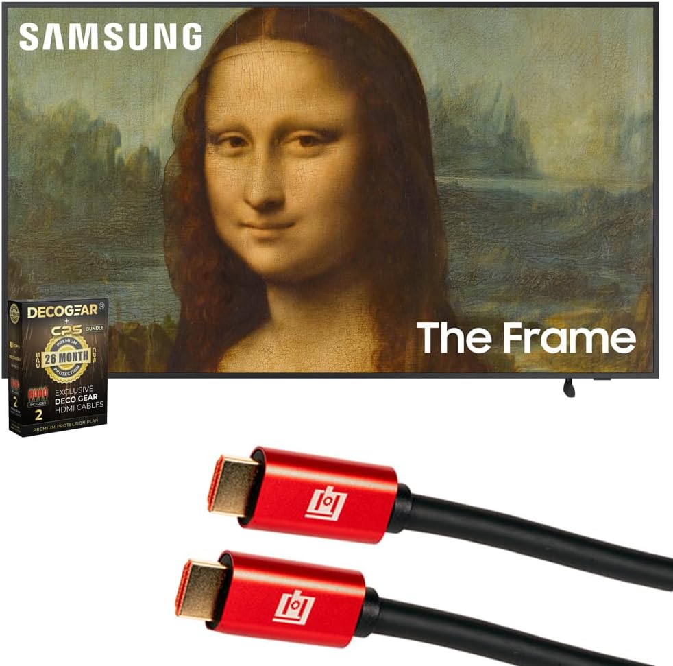 Samsung QN55LS03BA 55 inch The Frame QLED 4K UHD Quantum HDR Smart TV + Deco Gear 4K HDMI 2.0 Cable w/Pure Copper Conductors x2 & CPS Exclusive 26 Month Protection Pack Bundle (BEACH-CPS-261500)