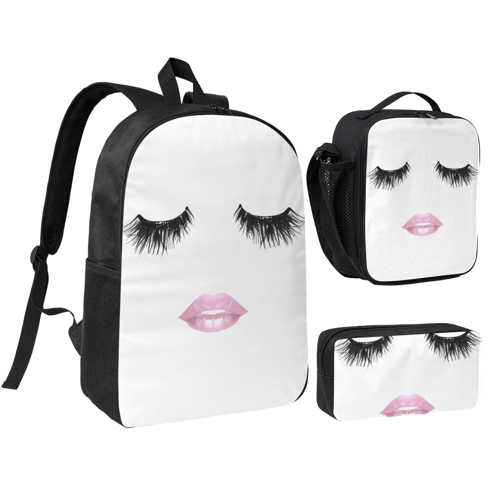 Jejea Unisex Black Eyelash Lip White Print Backpack With Lunch Box Pecnil Case Set 3 In 1,Bookbags Lunchbag Pencil Bag 17Inch For Travel