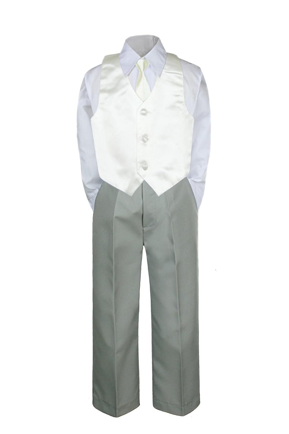 4pc Formal Baby Toddler Teens Boys Ivory Vest Necktie Silver Pants S-7 (6)