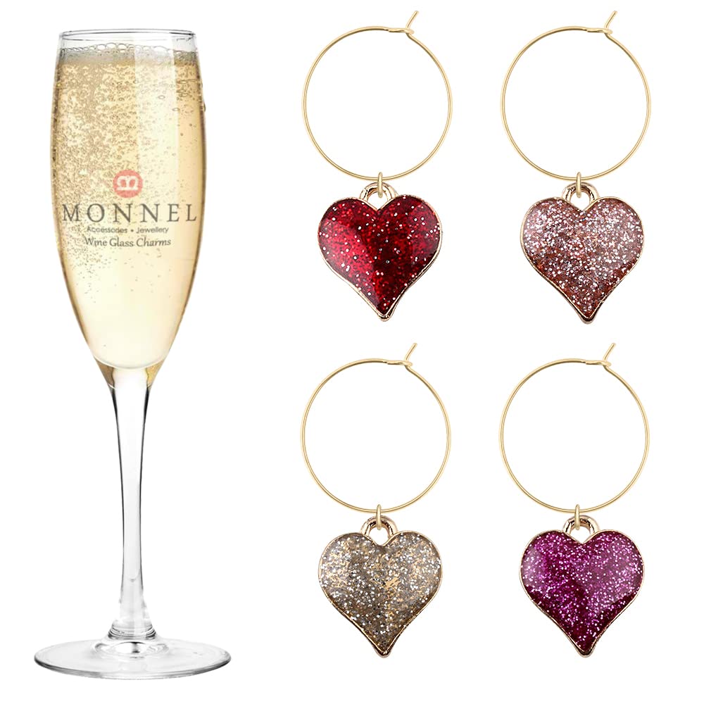 MONNEL P501 Assorted Little Heart Love Pendants Wine Charms Glass Marker for Party with Velvet Bag- Set of 4
