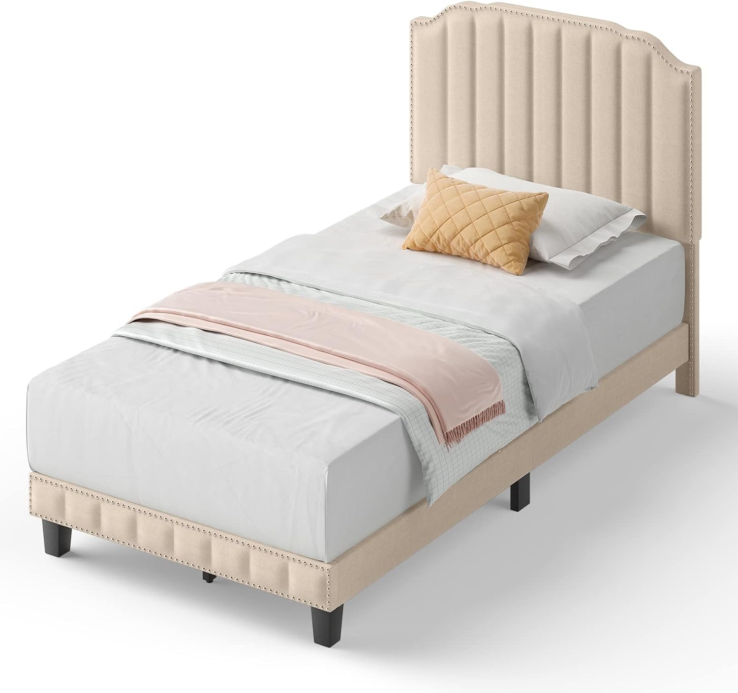 GORELAX Upholstered Twin Bed Frame with Headboard, Tufted Linen