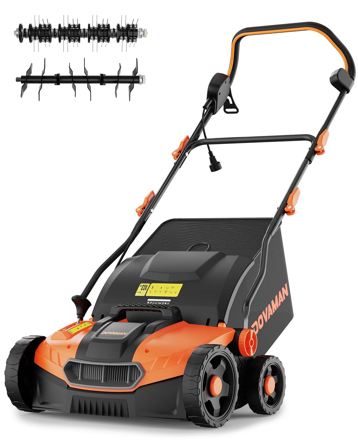DOVAMAN DS16A 2 en 1 Escarificador y Aireador Eléctrico, 1500W, 40cm Ancho de Trabajo, 5 Ajustes de Profundidad, Diseño Plegable, Bolsa 45L, Altura Ajustable, Ligero, Ideal para Escarificar y Airear
