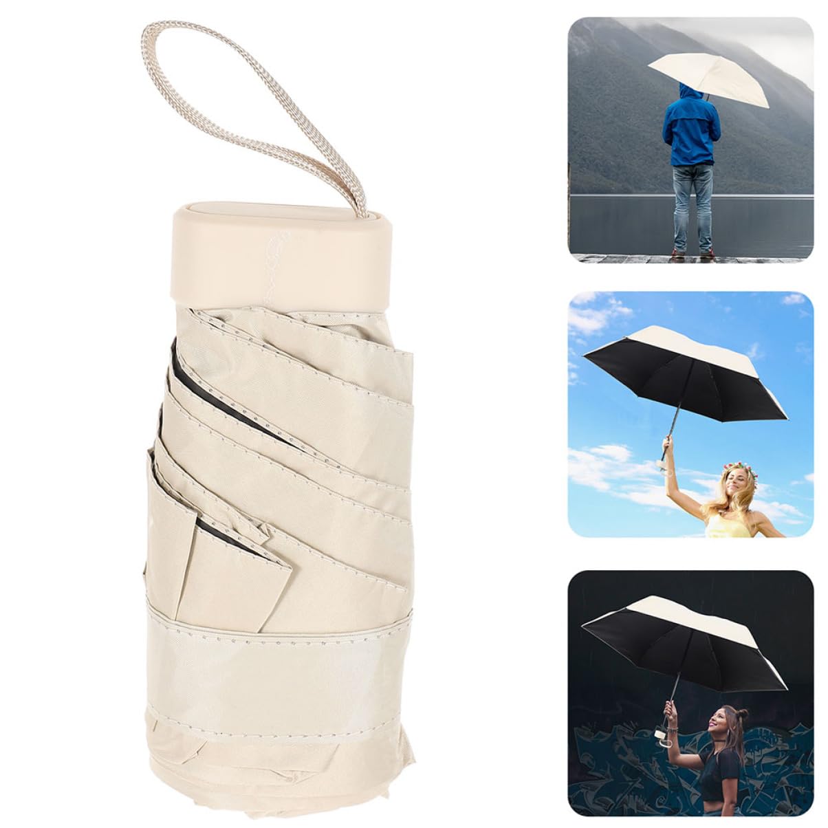 UPKOCH Mini Paraguas Plegable Beige de Viaje de 2 Piezas para Mujer