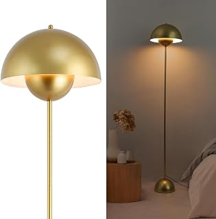 Alpinaluz Steel Floor Lamp with Domed Lampshade - Scandinavian Retro Style - Indirect Down Lighting - E27 Socket - Foot Switch - Living Room Bedroom (Gold)