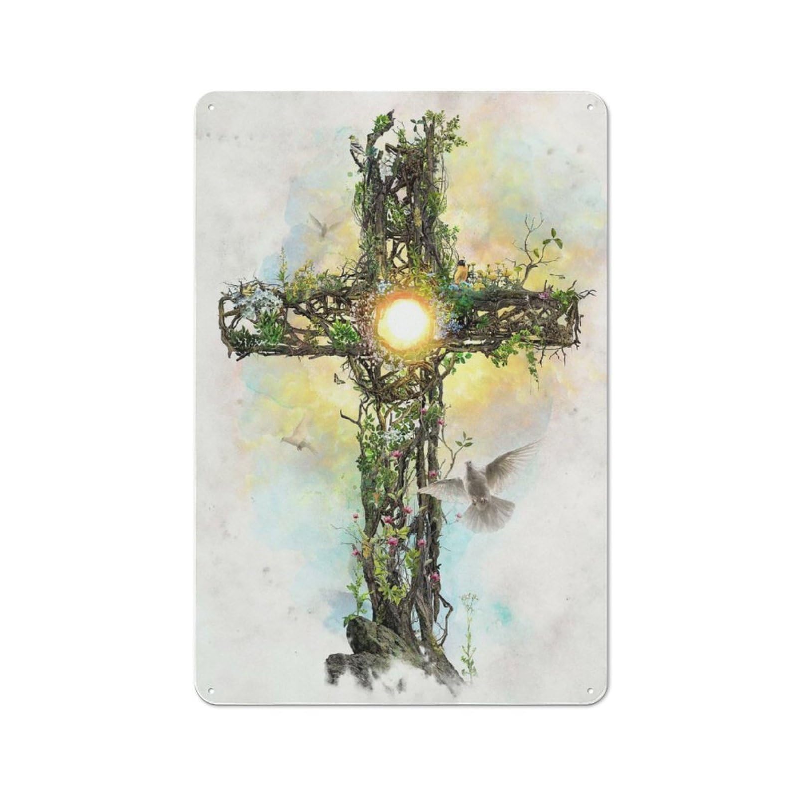 Junmoney Style-14 The Cross Printed Metal Sign, Small Wall Accent For Flower Corner, Porch Wall And Covered Outdoor Area, 30X20cm