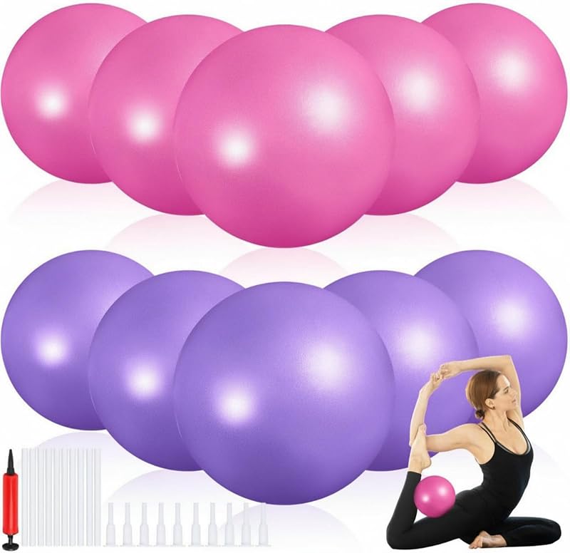 Aoriher 10 Pack 9 Inch Small Pilates Ball Bulk Mini Exercise Ball Portable Non-Slip Workout Yoga Balls with Air Pump for Stability, Barre, Fitness, Balance, Physical &Core, Gym Home Office Use