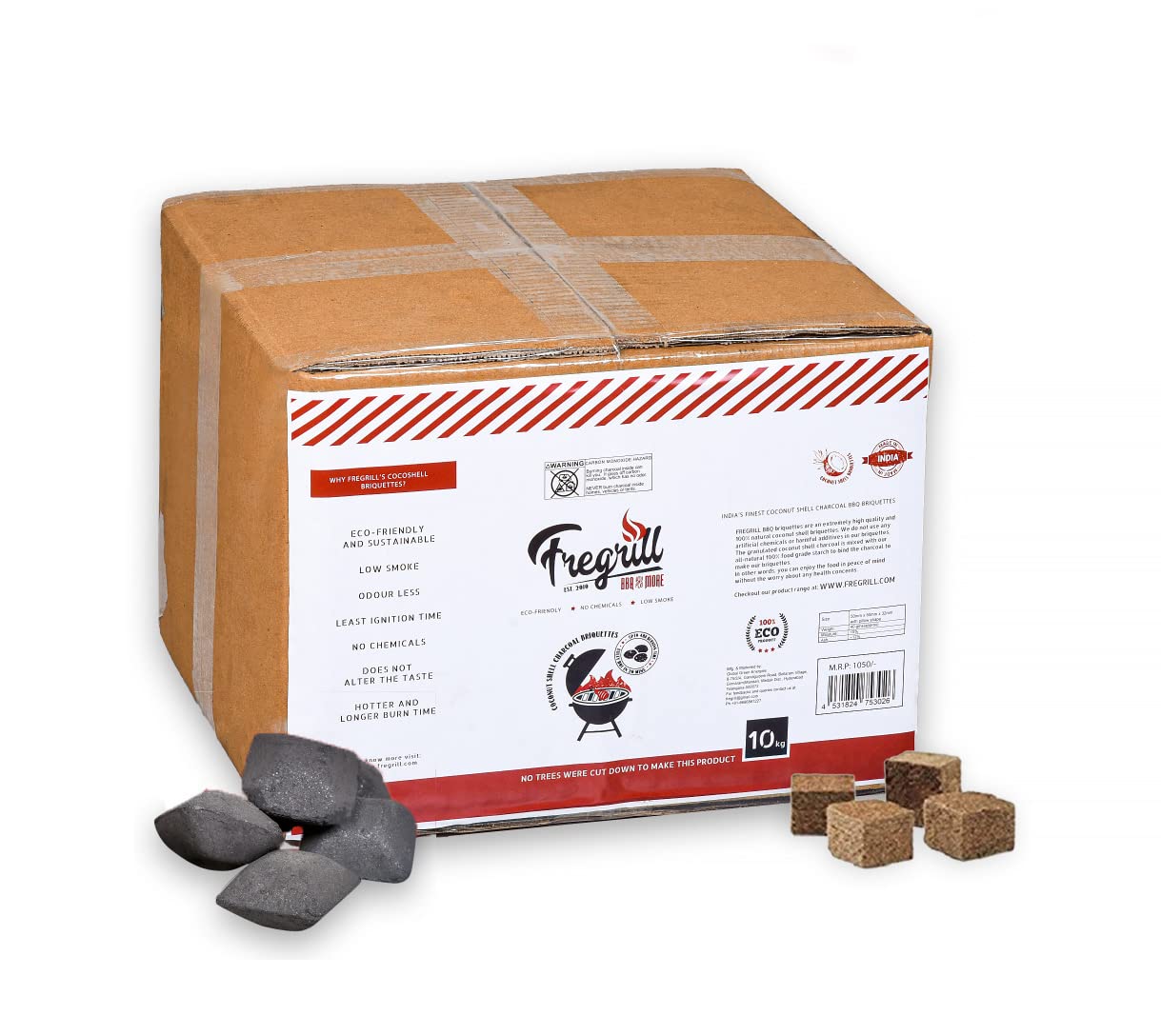 FREGRILL Premium Charcoal Briquettes for Barbecue and Grill – All-Natural BBQ Charcoal for Cooking and Grilling – Long-Lasting Barbeque Charcoal with Fire Starter Cubes for Ignition (Briquettes, 10KG)