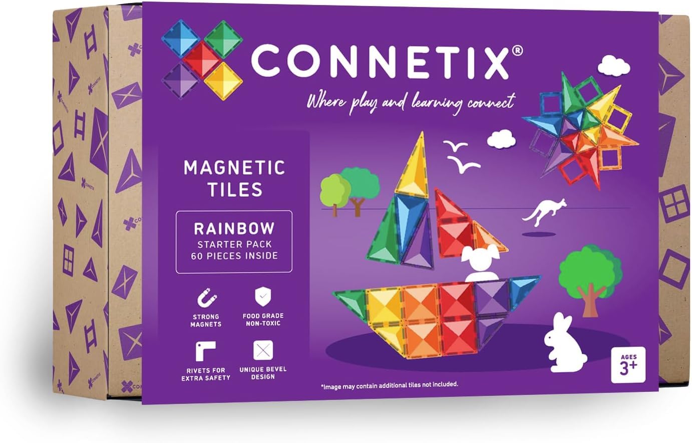 CONNETIX Magnetbausteine Regenbogen Starterpaket, 60 Stück, Ideales Basis Set mit Quadraten und Dreiecken, prämiertes Mint Lernspielzeug für kreatives 2D und 3D Bauen, ab 3 Jahren