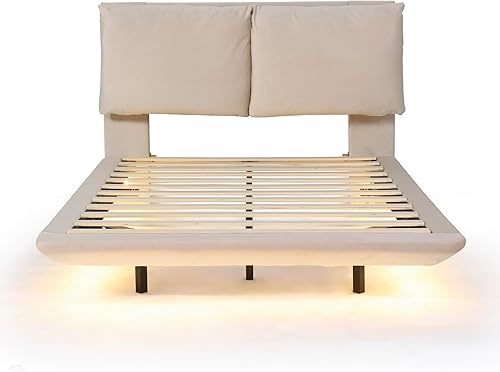 Miniatura 36 de Base de cama flotante tamaño Queen con luces LED y carga USB, marco de cama LED de plataforma tapizada moderna, no necesita somier (blanco-1)