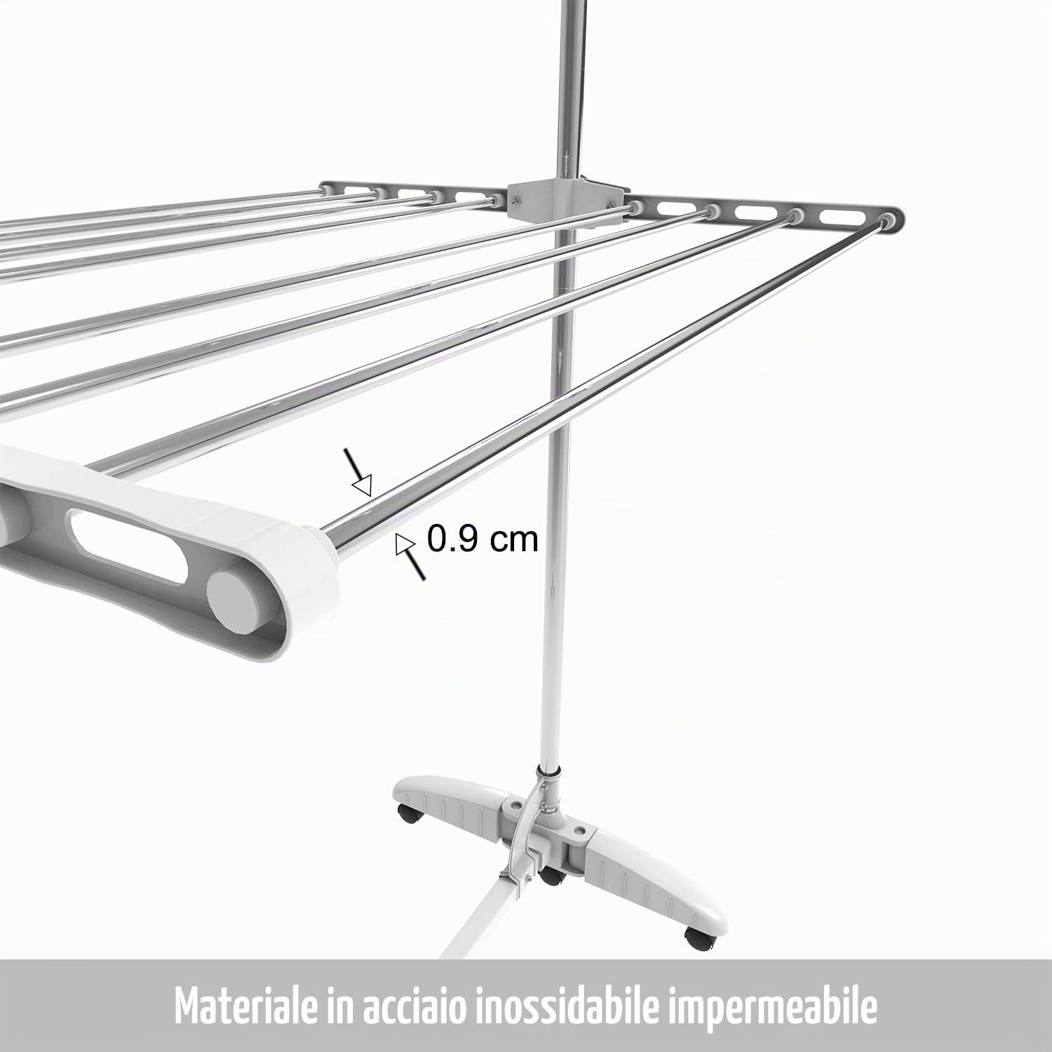 Todeco Stendibiancheria a 3 Livelli, Pieghevole in Acciaio Inox, Appendiabiti Regolabile con Ruote e Barra Superiore Estensibile