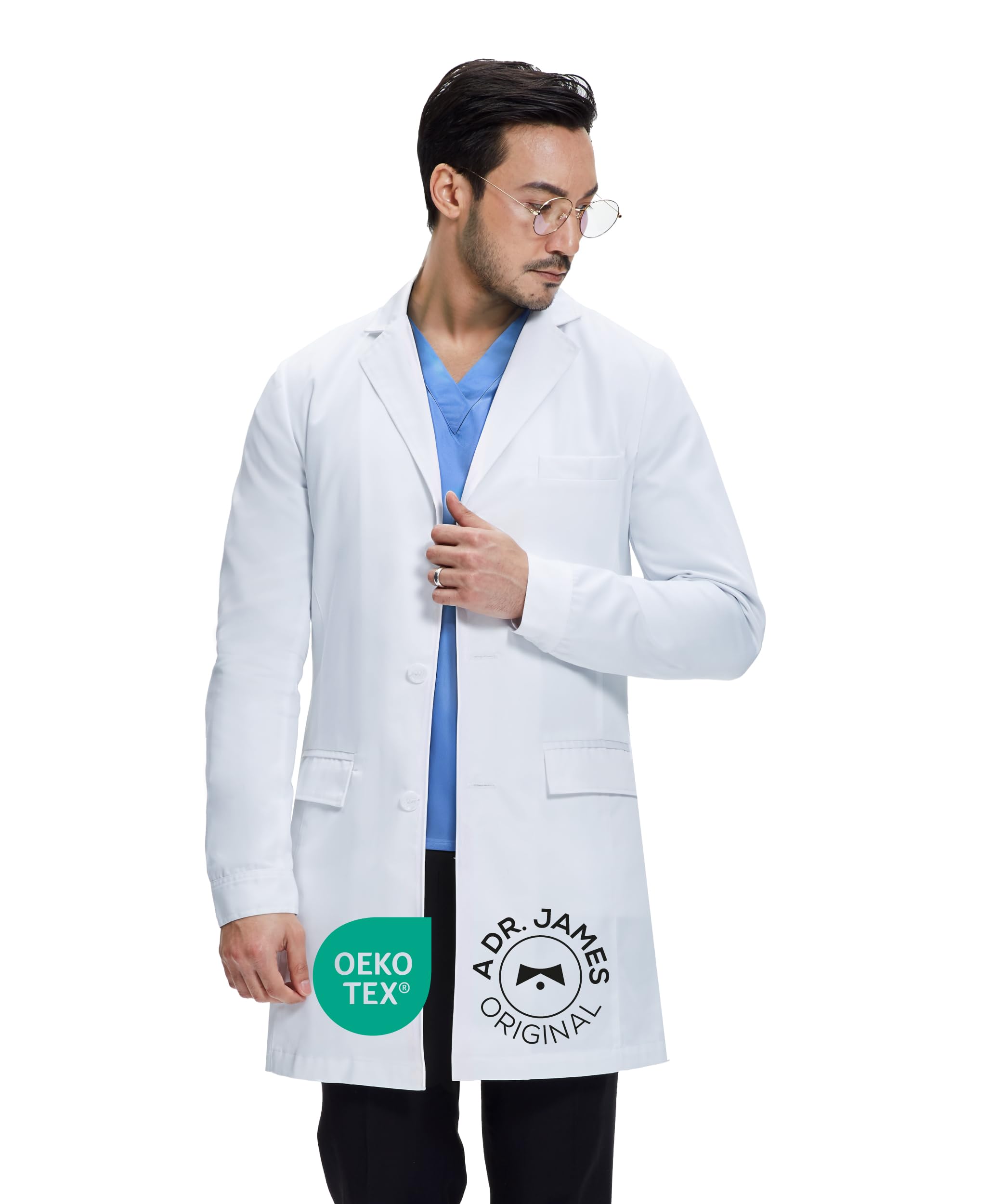 Dr. James Consultation Styled Premium Lab Coat for Men, Multiple Pockets, Tailored Fit, Button Closing, 36" Length