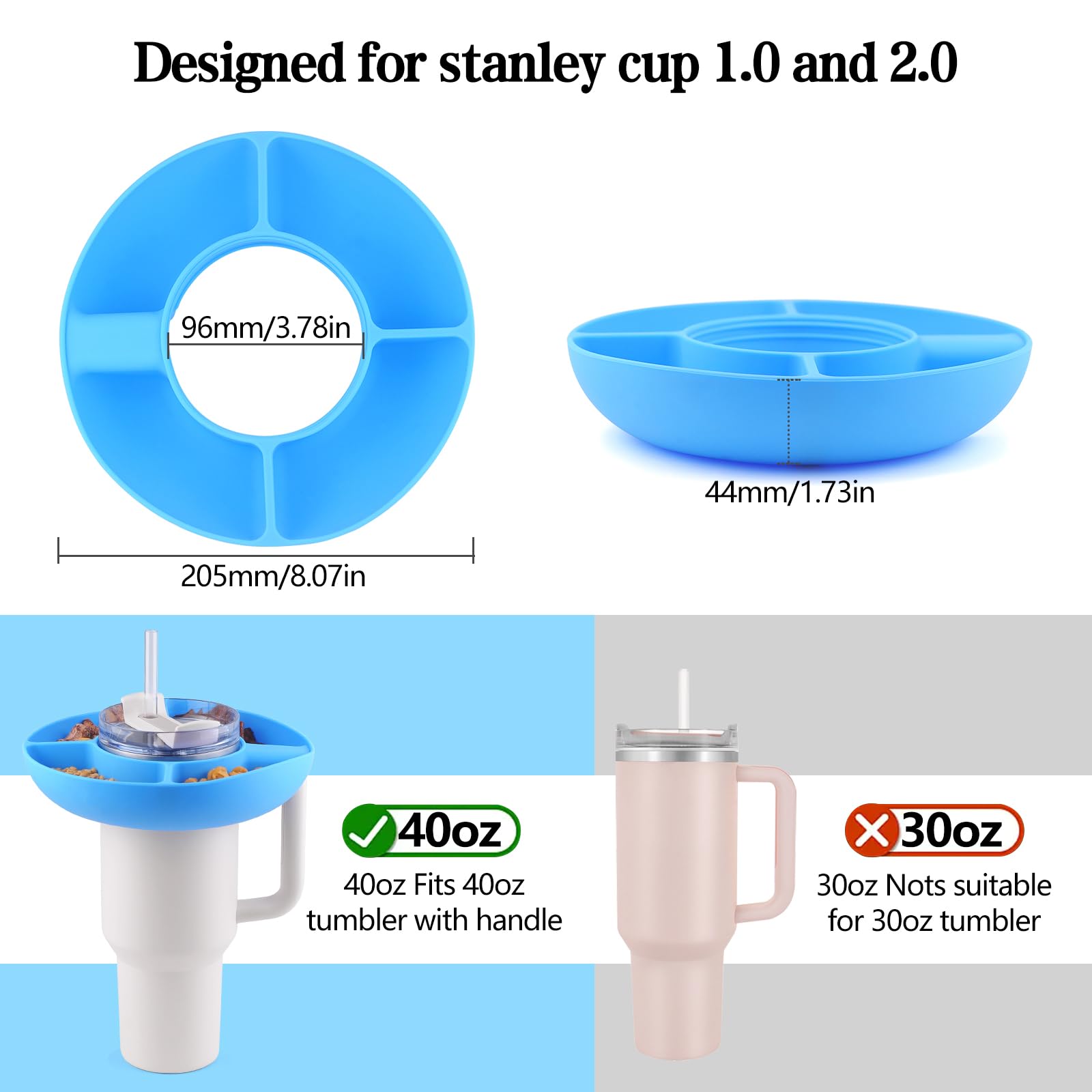 Miska na przekąski na kubek Stanley o pojemności 1,130 g, silikonowy kubek Stanley, tacka na przekąski, pojemnik na żywność z 4 przegródkami, wielokrotnego użytku, do krakersów cukierkowych