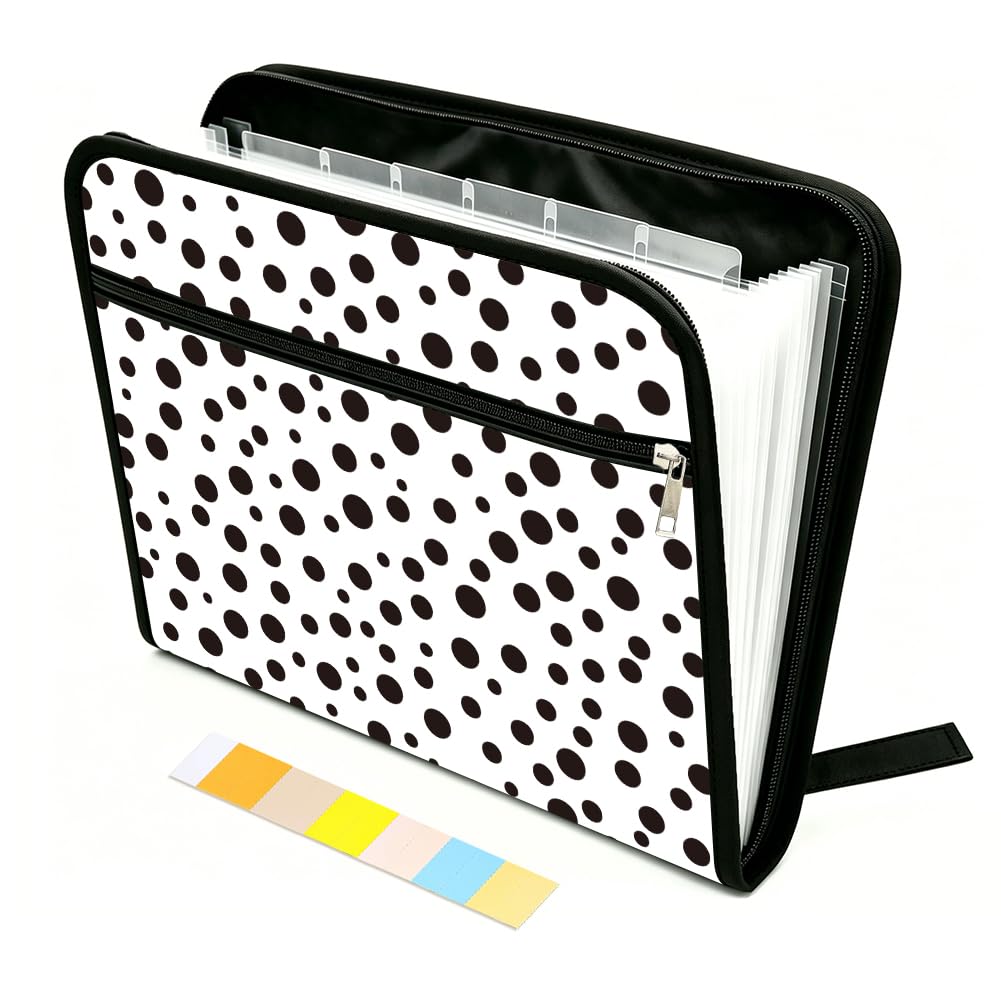 WEBEEDY 13 Pockets Polka Dots Expanding File Folder Black White Accordion File Organizer with Labels and Zipper, Portable Expandable File Folder Paperwork Organiser for A4 Paper Document Graduation