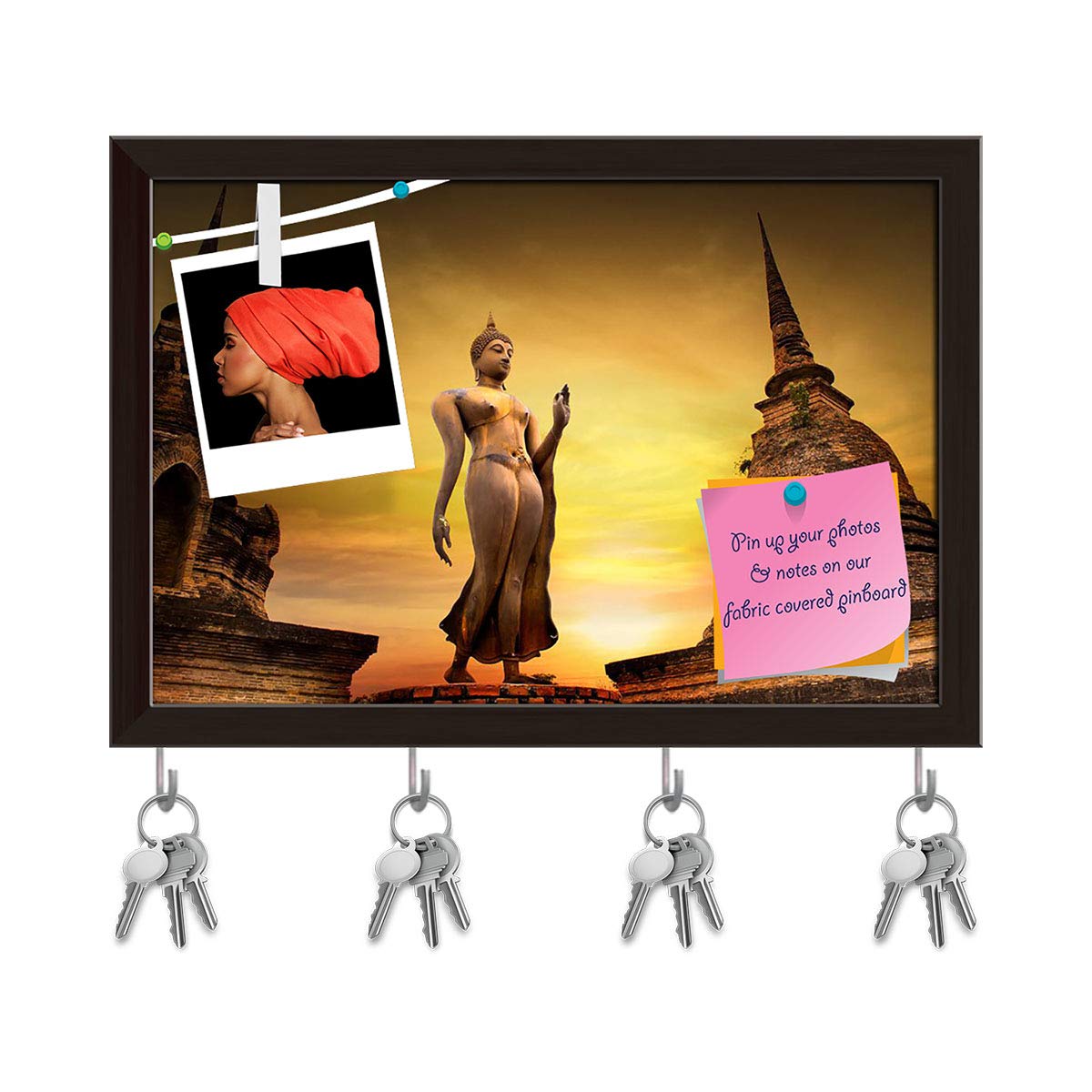 ArtzFolio Ancient Buddha In Sukhothai Park Thailand Key Holder Hooks | Notice Pin Board | Dark Brown Frame 8.5 X 6Inch