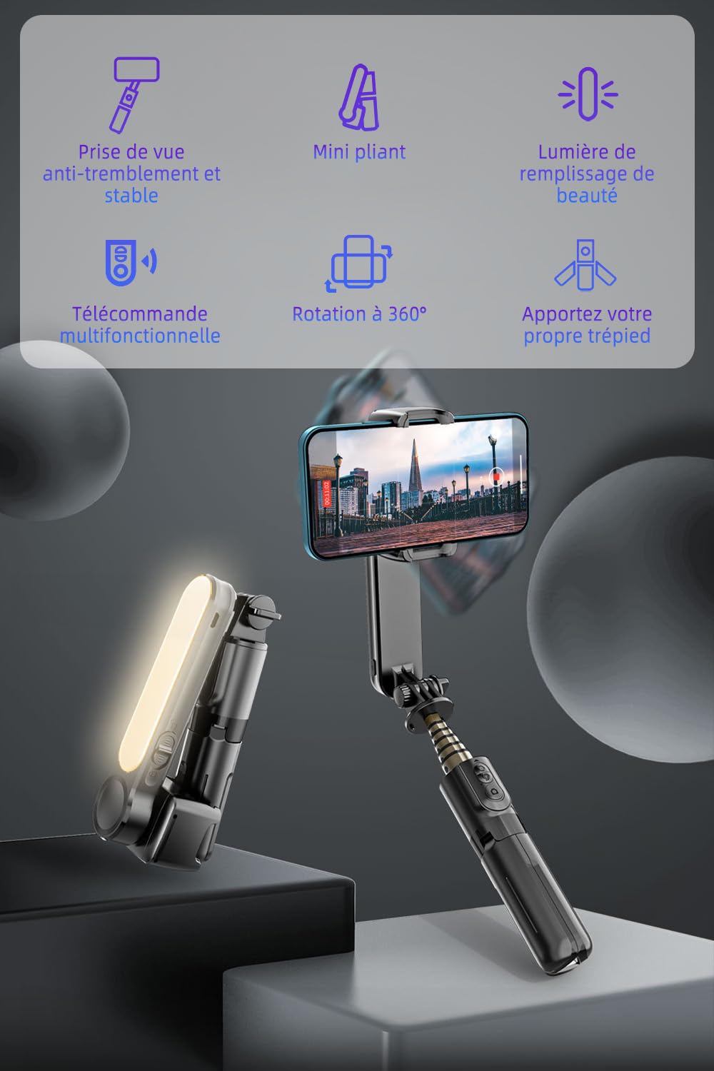 Stabilisateur Smartphone,avec lumière de Remplissage et télécommande, Portable et Pliable, Perche à Selfie à Cardan Portable pour Vidéo Vlog, Compatible avec Android/iOS