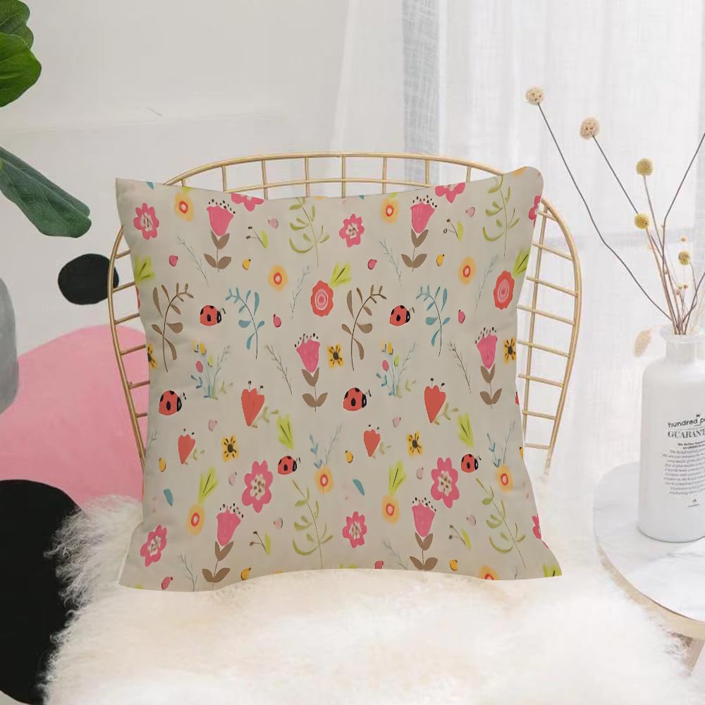 HYMSXW Cushion Cover,Throw Pillow Case Home Decorative for Living Room Bedroom Sofa Chair 20X20 Inch,Hand-painted flowers, pink and yellow, ladybug plants,Pillowcase 50X50cm