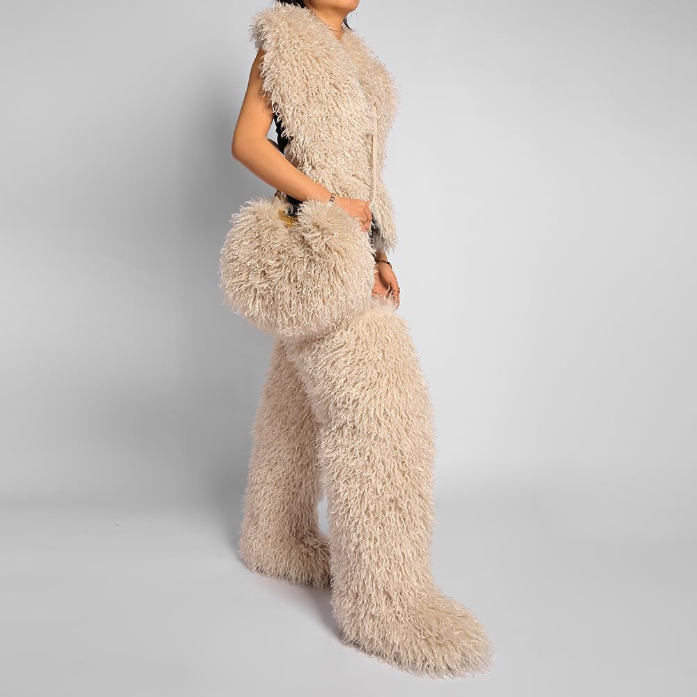 Women’s Round Shaped Fluffy Faux Fur Large Handbag Fuzzy Furry Mongolian Crossbody Shoulder Bag Satchel - Image 2