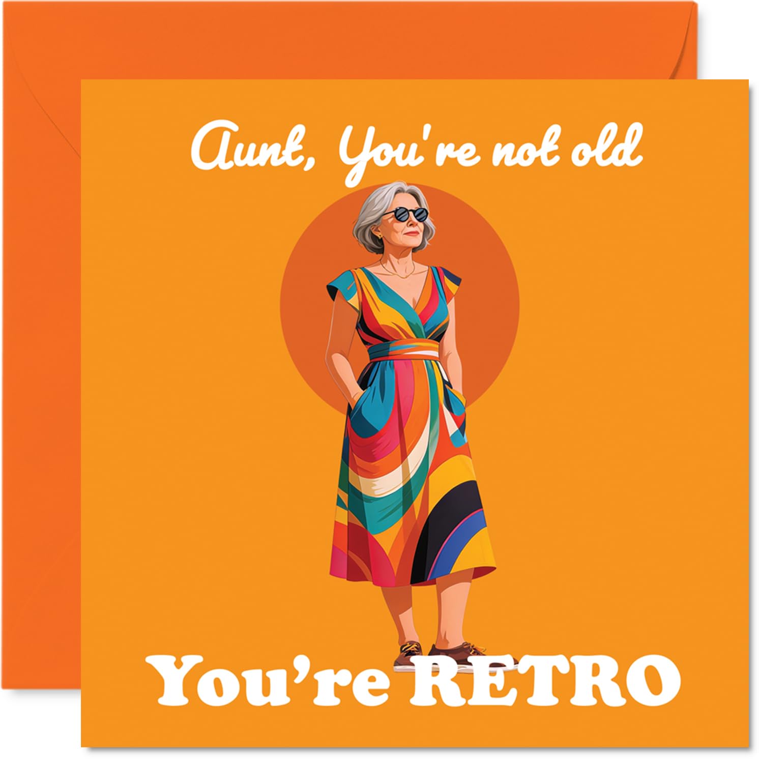 Playful Birthday Card for Aunt - Stylishly Retro Auntie Vibes - Confident Older Woman in a Vibrant Dress - A Fun Twist on Getting Older - 145mm Square, Envelope Included