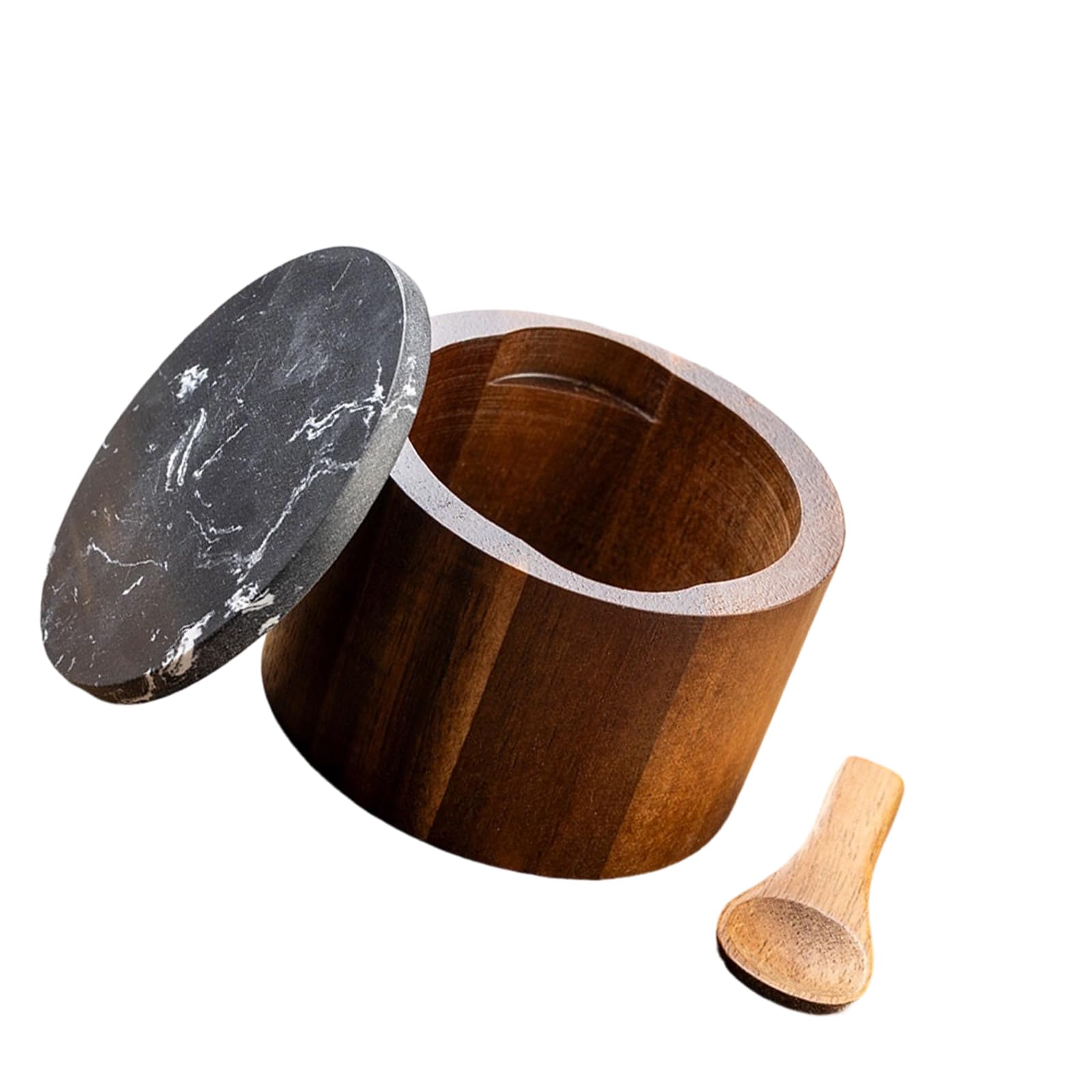 Hzbb Black Stylish Wooden Seasoning Jar Featuring Marble Cover And Attached Spoon For Cooking Food Grade Wooden Seasoning Container