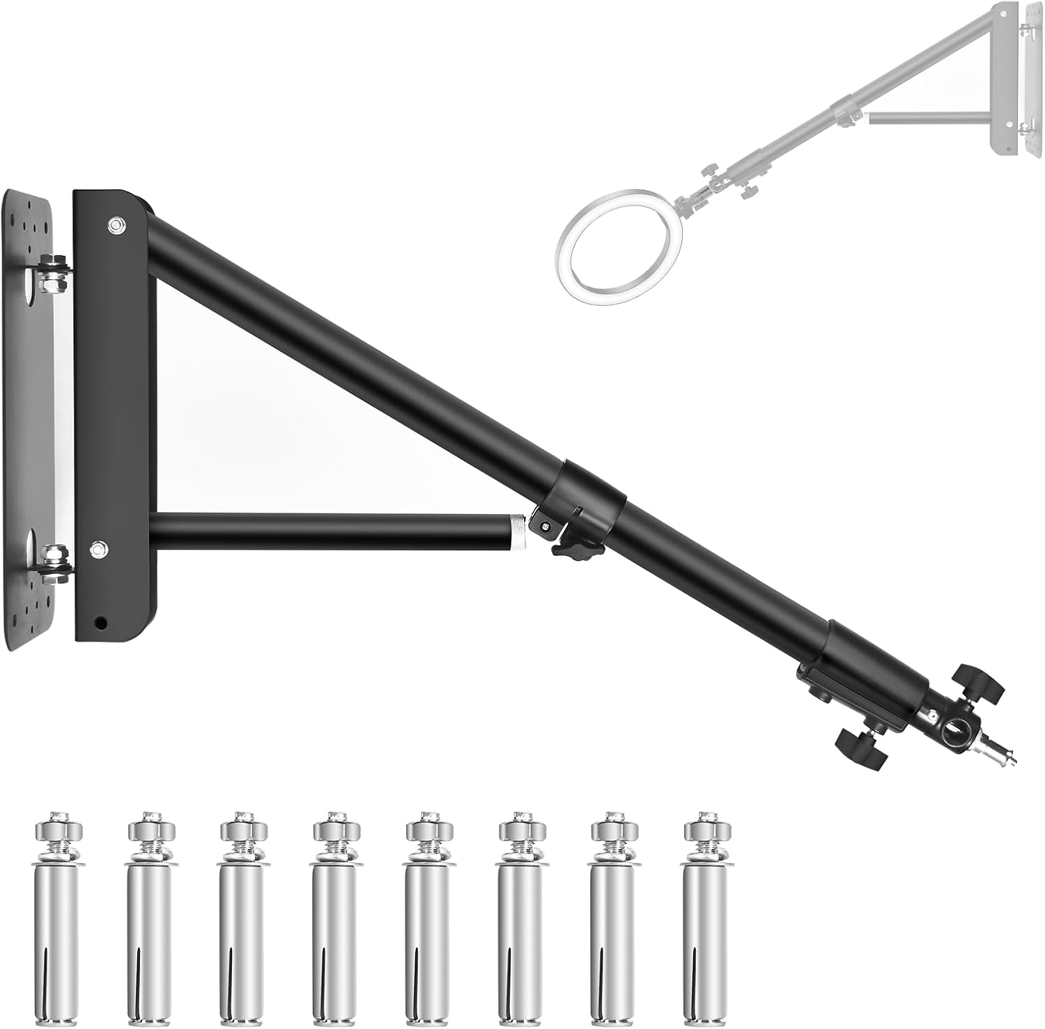 Ring Light Wall Mount - 52in/132cm, Fotoumgl Adjustable Wall Mount Ring Light Triangle Boom Arm Support 180° Flexible Rotation for Strobe Light, Softbox, Reflector, Ideal for Photography Studio Salons